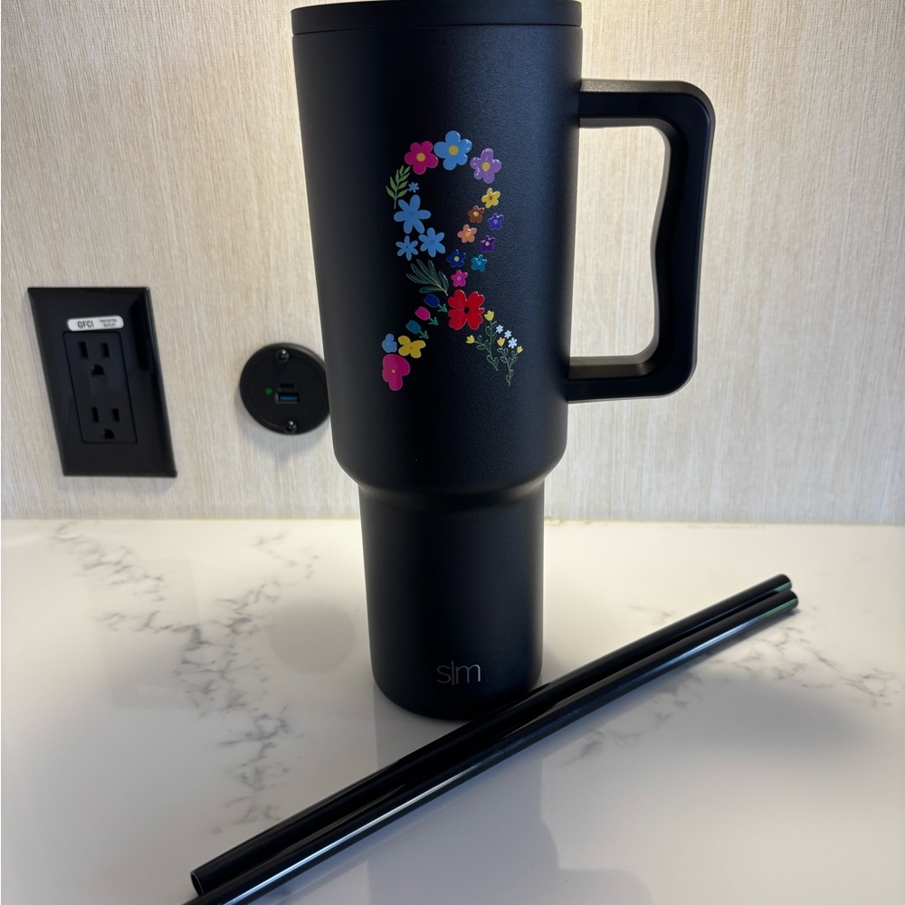SLM Black Floral Ribbon Travel Tumbler